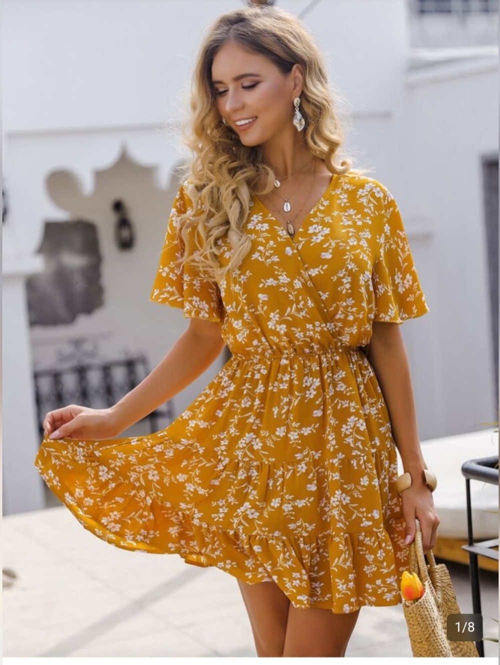 SHEIN Mustard Yellow Floral Wrap-Style Mini Dress
